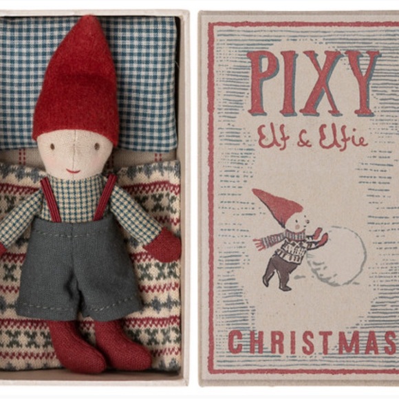 Maileg Pixy Elf & Elfie Christmas Matchbox Doll Set - Red and Blue Boy - Picture 5 of 7